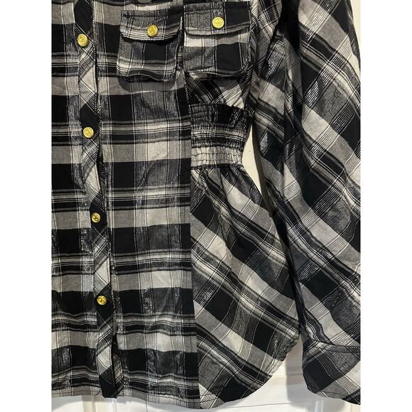 COOGI Women’s Black Embellished Button Shirt Gold Accents Size XL Smocked Waist - Picture 5 of 15